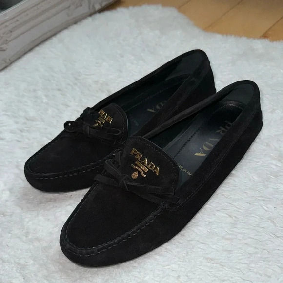 New Prada Black Suede Loafers Driving Leather Authentic Genuine Shoes Gold Logo - Picture 1 of 5